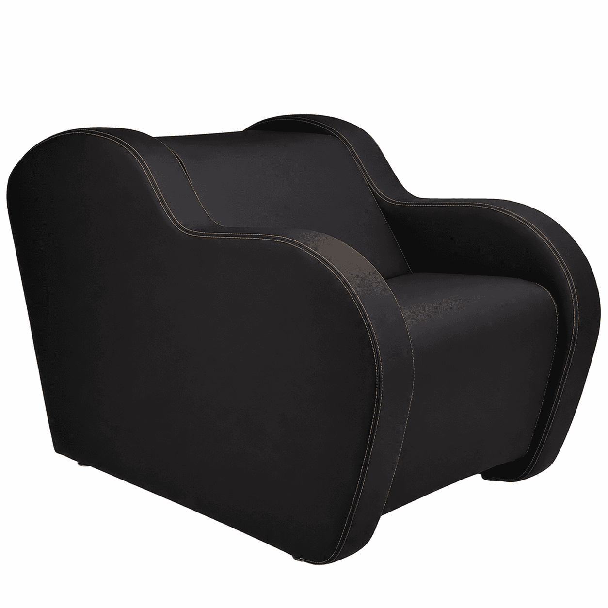 A compact modern armchair upholstered in black material, featuring prominent tan contrast stitching along its seams. The chair exhibits smoothly curved lines and a low profile. — 3D model