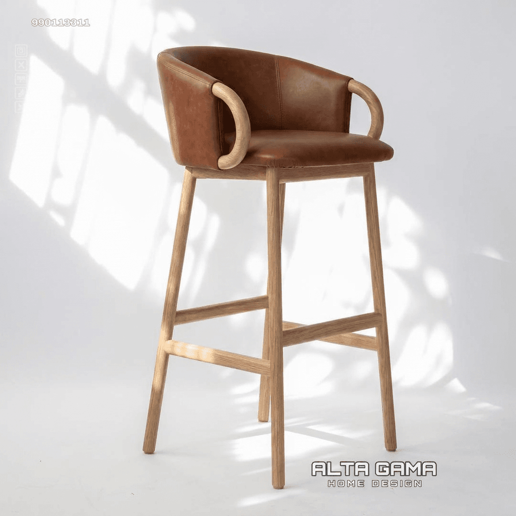 A modern bar stool featuring a brown leather upholstered seat and backrest, complemented by a light natural wood frame. The design includes curved wooden armrests that integrate with the backrest, and four tapered legs with integrated footrests for stability and comfort. — 3D model
