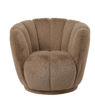 A modern, low-profile armchair with a rounded, shell-like back and seat. The upholstery features vertical channeling or pleating on the backrest, giving it a sculpted appearance. The chair has a slightly flared, rounded base that is integrated with the main body. — 3D model