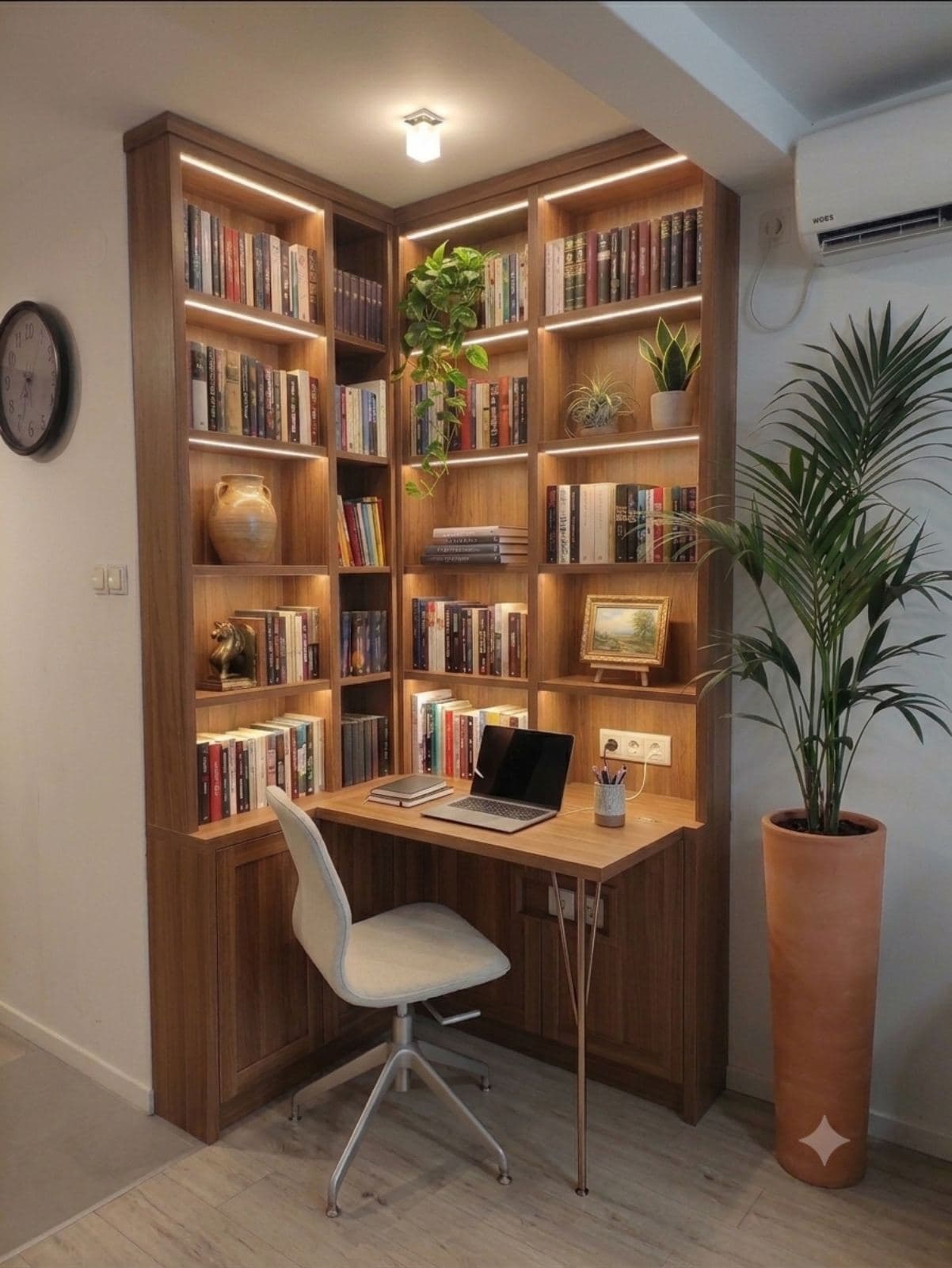 An L-shaped custom built-in corner unit featuring extensive open shelving with integrated LED lighting and a seamlessly attached desk surface. The unit is constructed from light-toned wood and includes lower storage cabinets. — 3D model