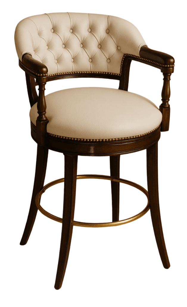 A dark brown wooden bar stool with a tufted off-white upholstered seat and backrest. It features curved armrests with wooden accents and decorative brass nailhead trim along the seat and backrest. The legs are turned and tapered, connected by a brass footrest ring. The stool appears to be a swivel type. — 3D model