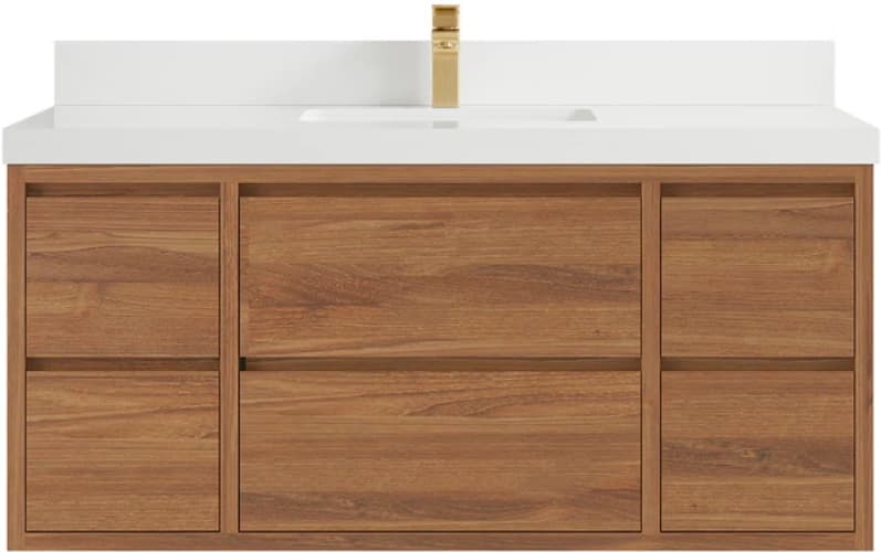 A modern, wall-mounted bathroom vanity unit featuring a white countertop with an integrated sink and a brass faucet. The base is constructed with wooden drawers and cabinet doors in a natural wood grain finish. — 3D model