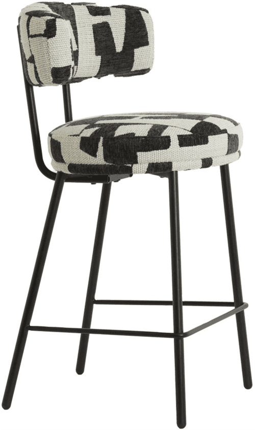 A bar stool featuring a upholstered seat and backrest with a geometric black and white pattern. The stool has a slender metal frame with four legs connected by a crossbar for stability. — 3D model