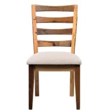 A wooden chair with a ladder-back design. The back consists of several horizontal slats of reclaimed wood, showing variations in color and texture. The seat is upholstered with a light beige or off-white fabric. The legs are straight and tapered slightly towards the bottom. The chair appears to be constructed from solid wood, possibly a light-colored hardwood. — 3D model