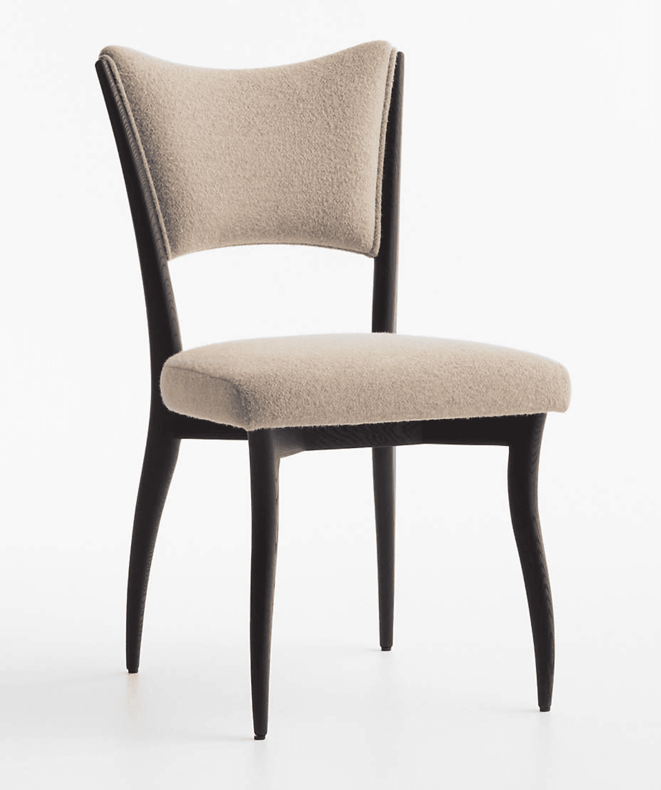 An elegant armless dining chair featuring a dark-stained wooden frame and light beige, textured fabric upholstery on both the seat and the distinctively curved backrest. The legs are slender and tapered. — 3D model