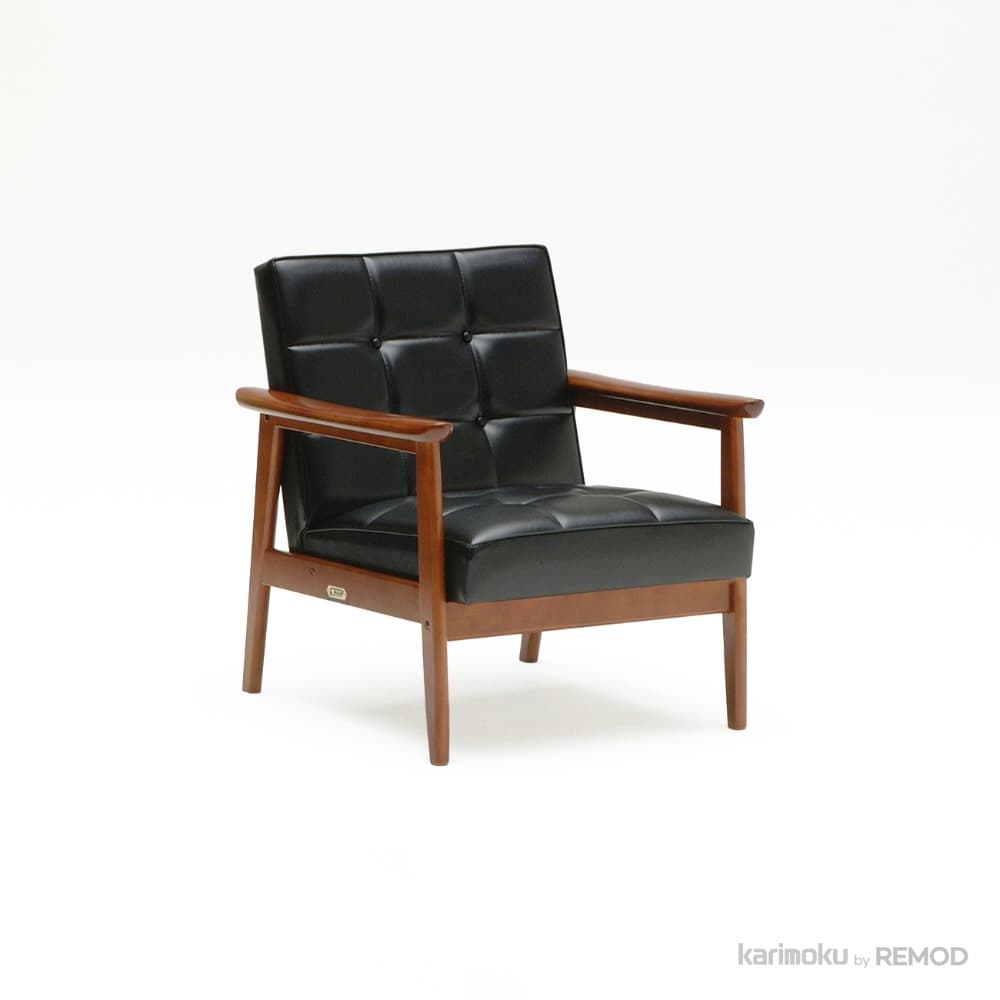 A tufted armchair with a wooden frame. The seat and backrest are upholstered in black material, featuring a grid pattern created by buttons or stitching. The frame consists of four legs, armrests, and a supportive structure for the seat and back. The wood appears to have a medium-dark stain. — 3D model