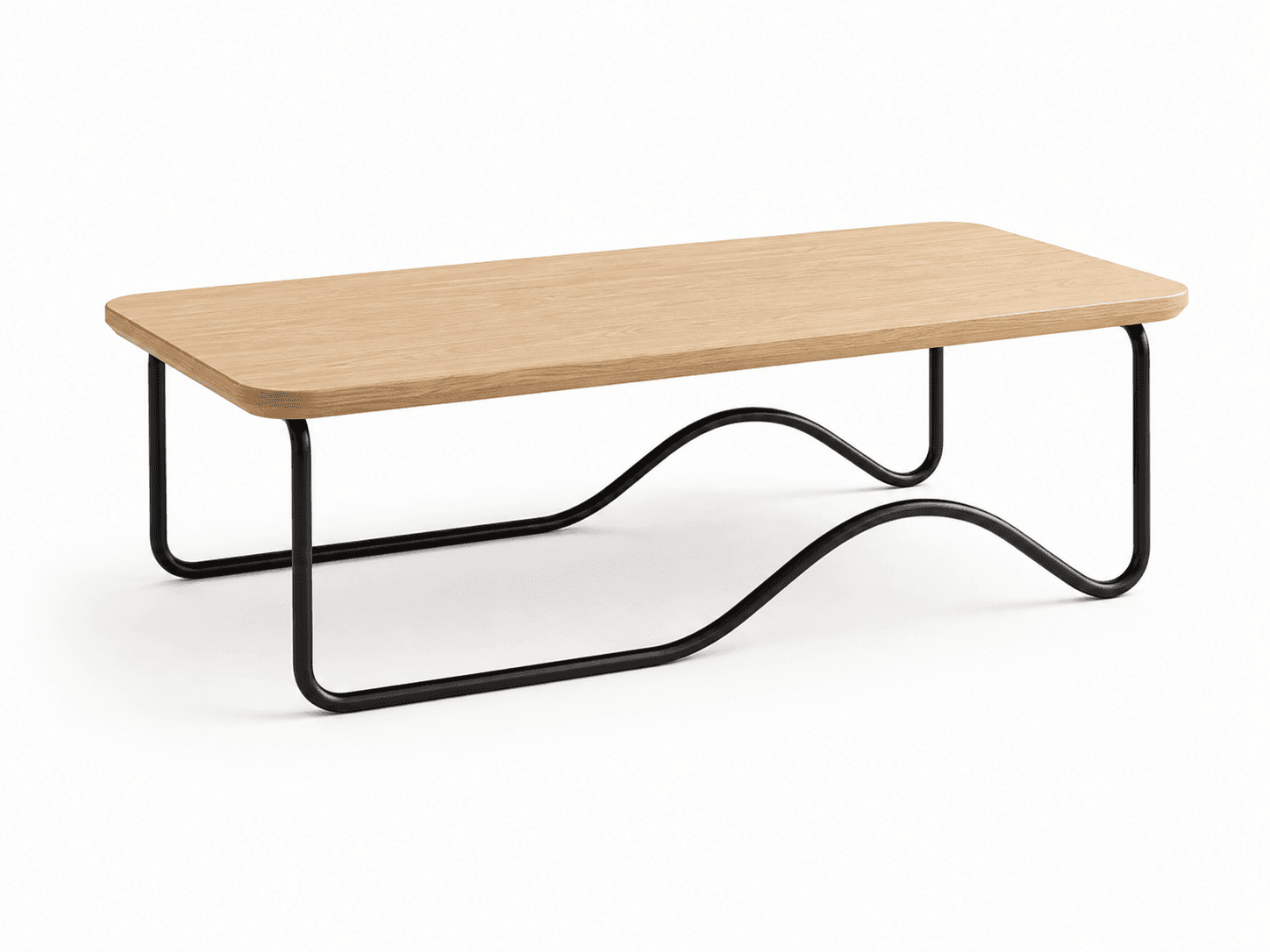 A rectangular coffee table with a light wood top and a black metal base. The base features two U-shaped legs connected by a flowing, undulating horizontal support on each side. — 3D model