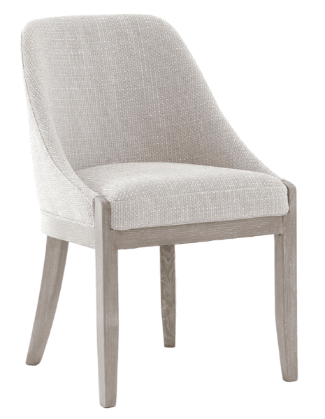A single upholstered dining chair with a solid wood frame. The chair features a curved backrest and a seat upholstered in a textured light-colored fabric. The frame is constructed from wood with a distressed light grey finish, visible on the legs and the surrounding structure of the seat. — 3D model