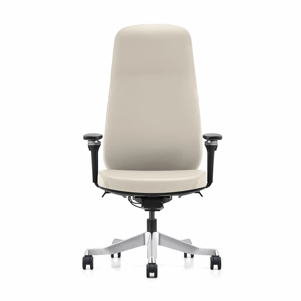 A high-backed executive office chair with a cream-colored seat and backrest, featuring adjustable armrests and a five-star base with casters for mobility. The chair has a modern design with clean lines and is upholstered in what appears to be leather or a similar synthetic material. The base and armrest supports are metallic, likely aluminum or steel, with a brushed finish. — 3D model