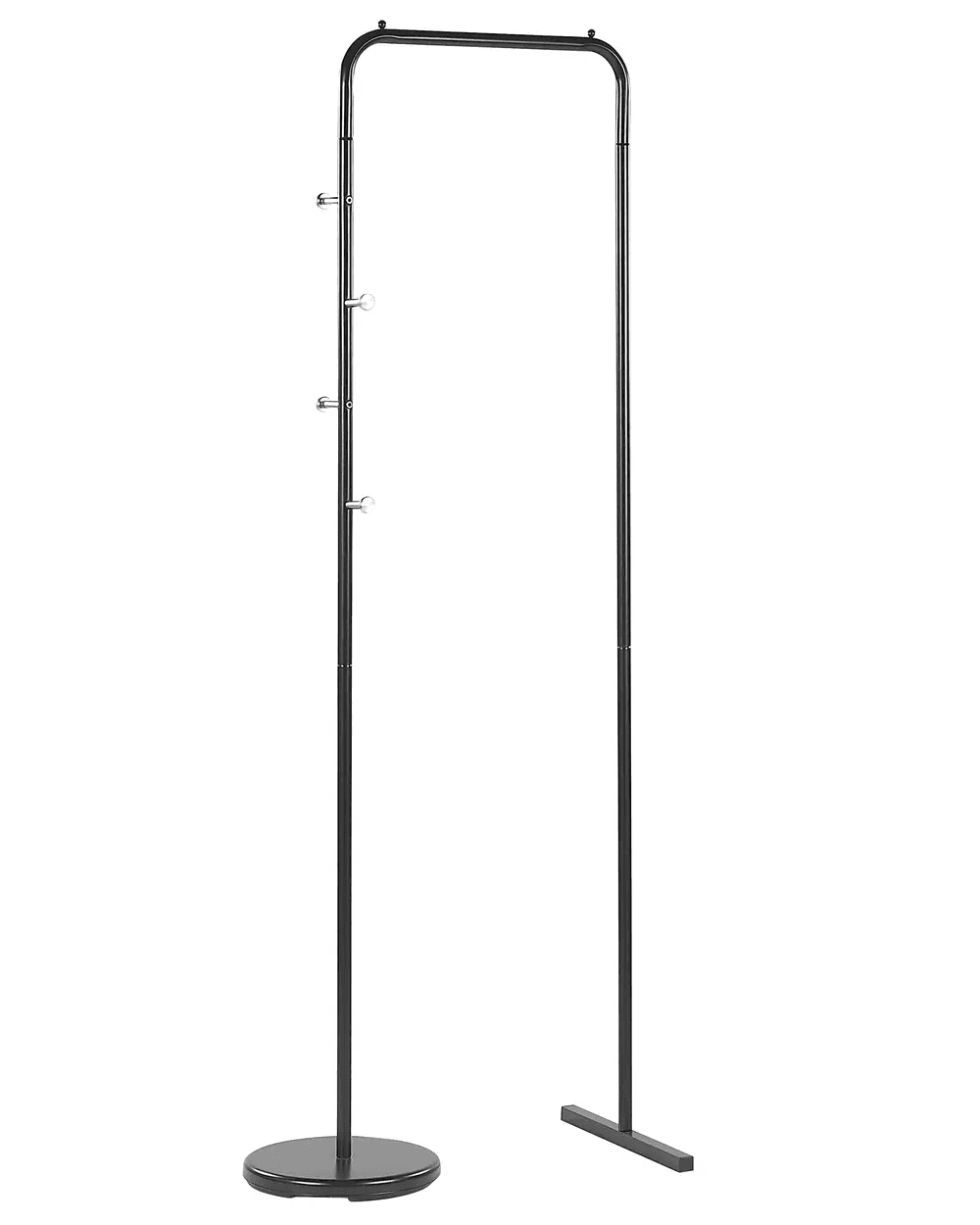 A tall, freestanding coat rack with a black metal frame. It features a circular base on the left side and a T-shaped base on the right, suggesting it might be a two-piece design or two separate components shown together. The left side has four small, rounded hooks protruding from the vertical pole. The top section curves over to form an open U-shape. — 3D model
