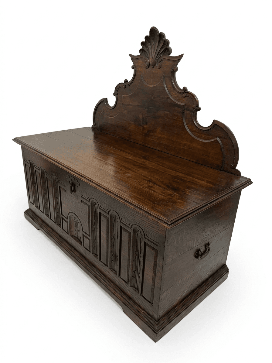 A dark wooden chest with a decorative crest or backplate and carved paneling on the front. The chest has a flat top and a raised base with molding. The front panel features a repeating pattern of arched motifs framed by vertical elements, with a central lock mechanism. A decorative handle is visible on the right side. — 3D model