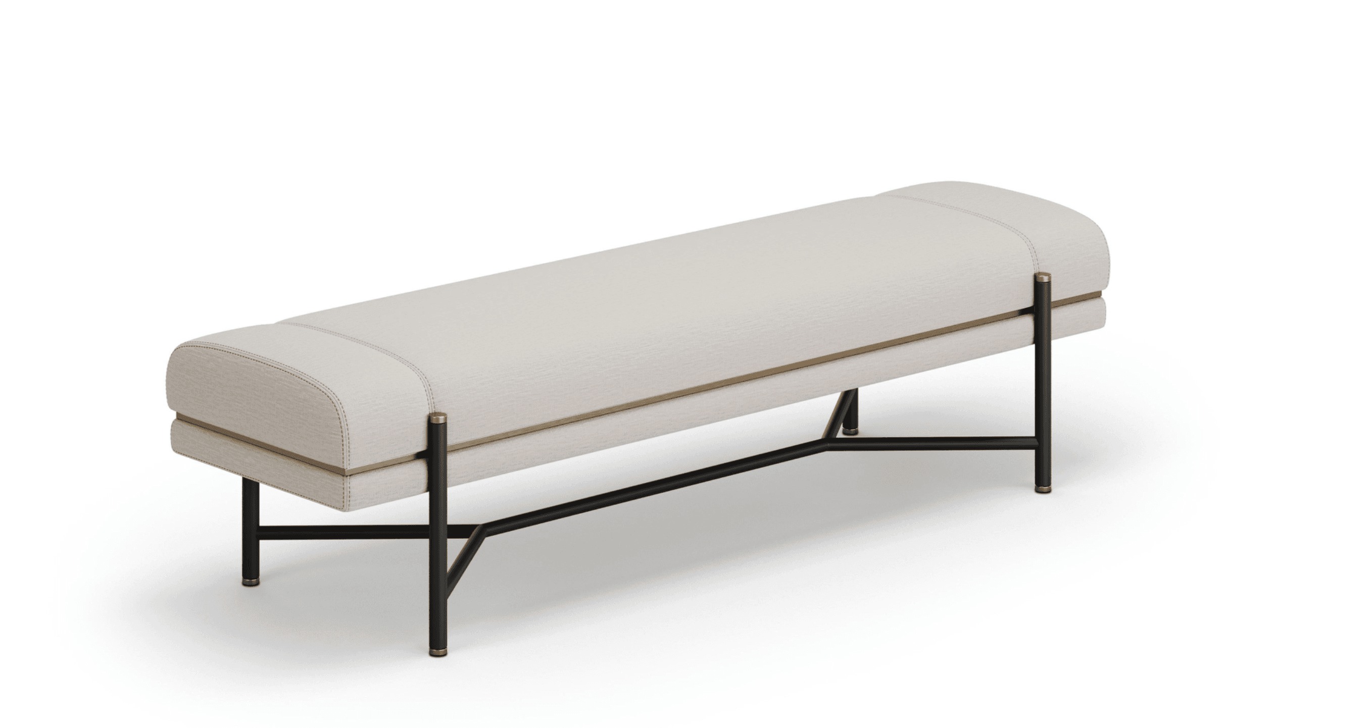 A contemporary upholstered bench featuring a rectangular top with rounded ends, covered in an off-white or light cream textured fabric. A thin brass trim wraps horizontally around the mid-section of the upholstered body. The bench is supported by an angular, matte black metal base with thin legs that splay slightly outwards, capped with brass feet. — 3D model