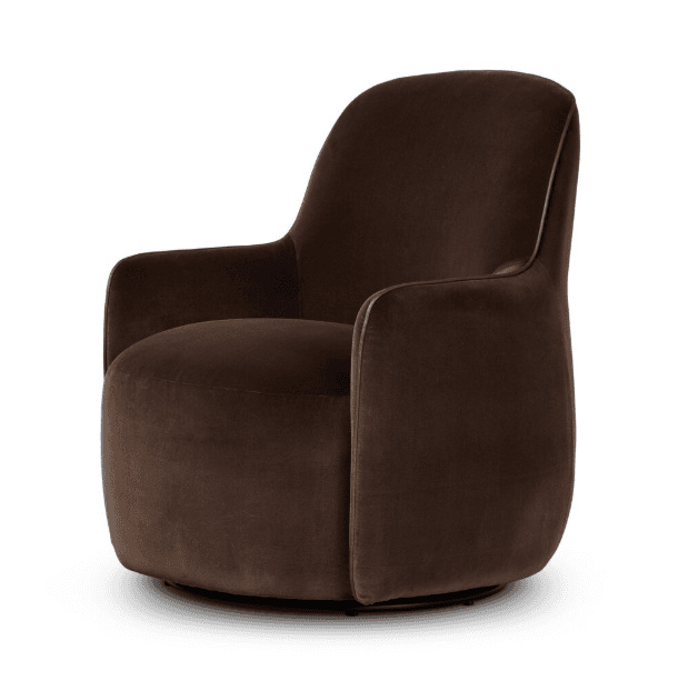 A plush, upholstered armchair with a rounded, barrel-shaped silhouette. The armchair features integrated armrests that flow into the seat and backrest, creating a cohesive and enveloping form. A subtle piping detail outlines the edges of the arms and back. The base is a low-profile swivel mechanism. — 3D model