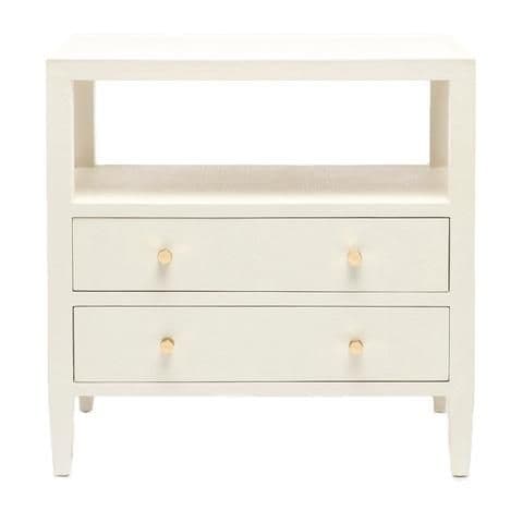 A cream-colored nightstand featuring a textured faux shagreen finish, an open display shelf, and two drawers with small gold-toned knob pulls. — 3D model