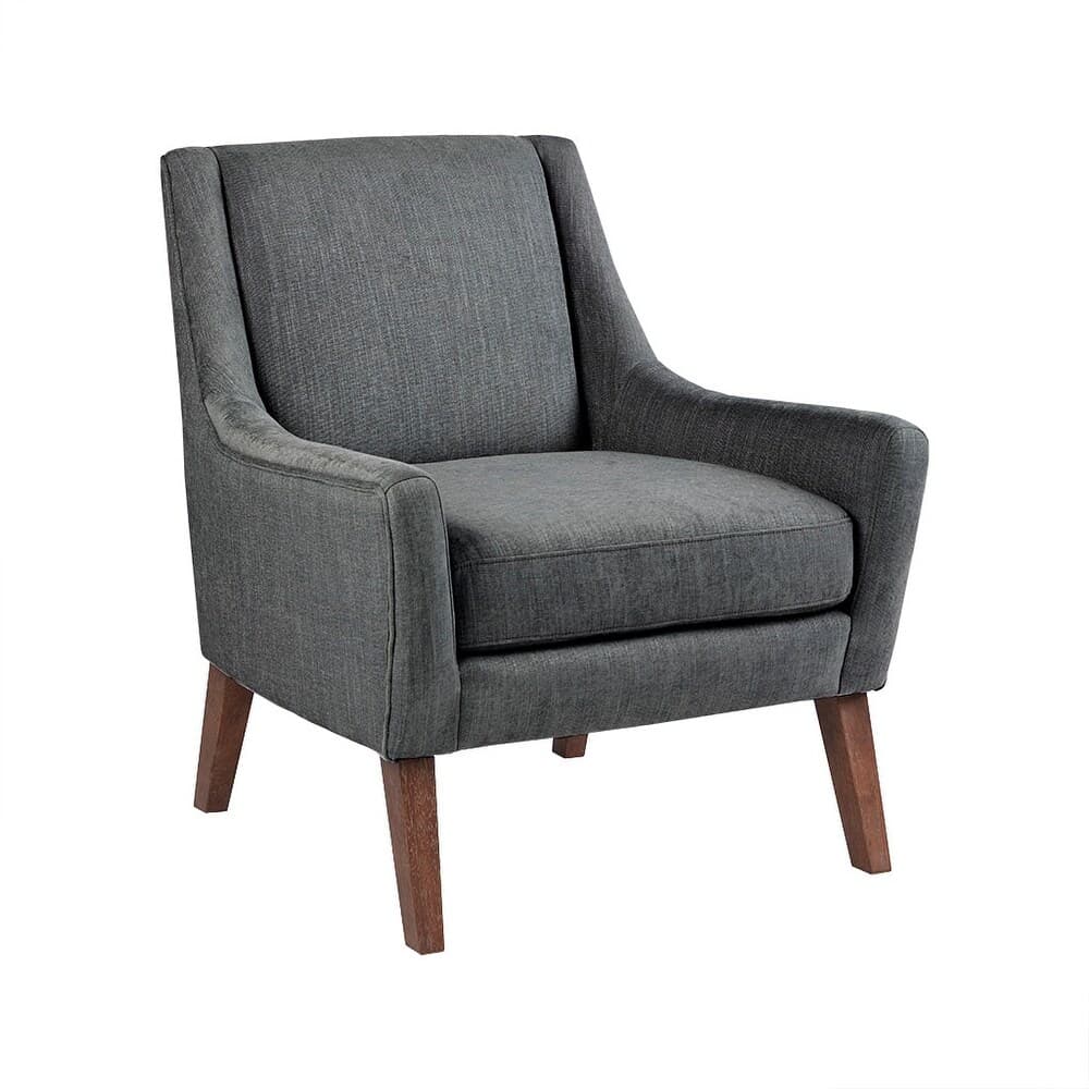 A charcoal grey upholstered armchair with a high back and subtly flared armrests. The chair features a seat cushion and a slightly reclined back. It is supported by four tapered wooden legs in a medium brown finish. — 3D model