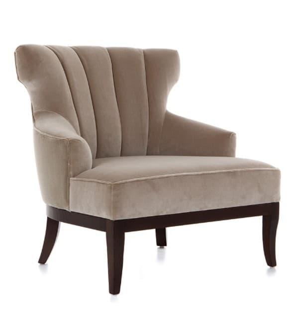 A taupe upholstered armchair with a high, fan-shaped backrest featuring vertical channel tufting. It has a winged silhouette, slightly flared arms, and a cushioned seat. The chair is supported by a dark wood, rectangular base with four tapered legs. — 3D model