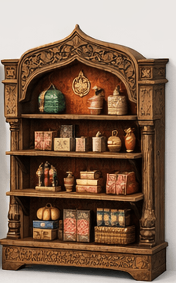 A wooden bookshelf with intricate carvings and multiple shelves. The top features an arched pediment with detailed scrollwork. The unit has a decorative base and ornate side pillars. It is populated with various decorative items, including boxes, vases, and what appear to be fabric-covered objects. — 3D model