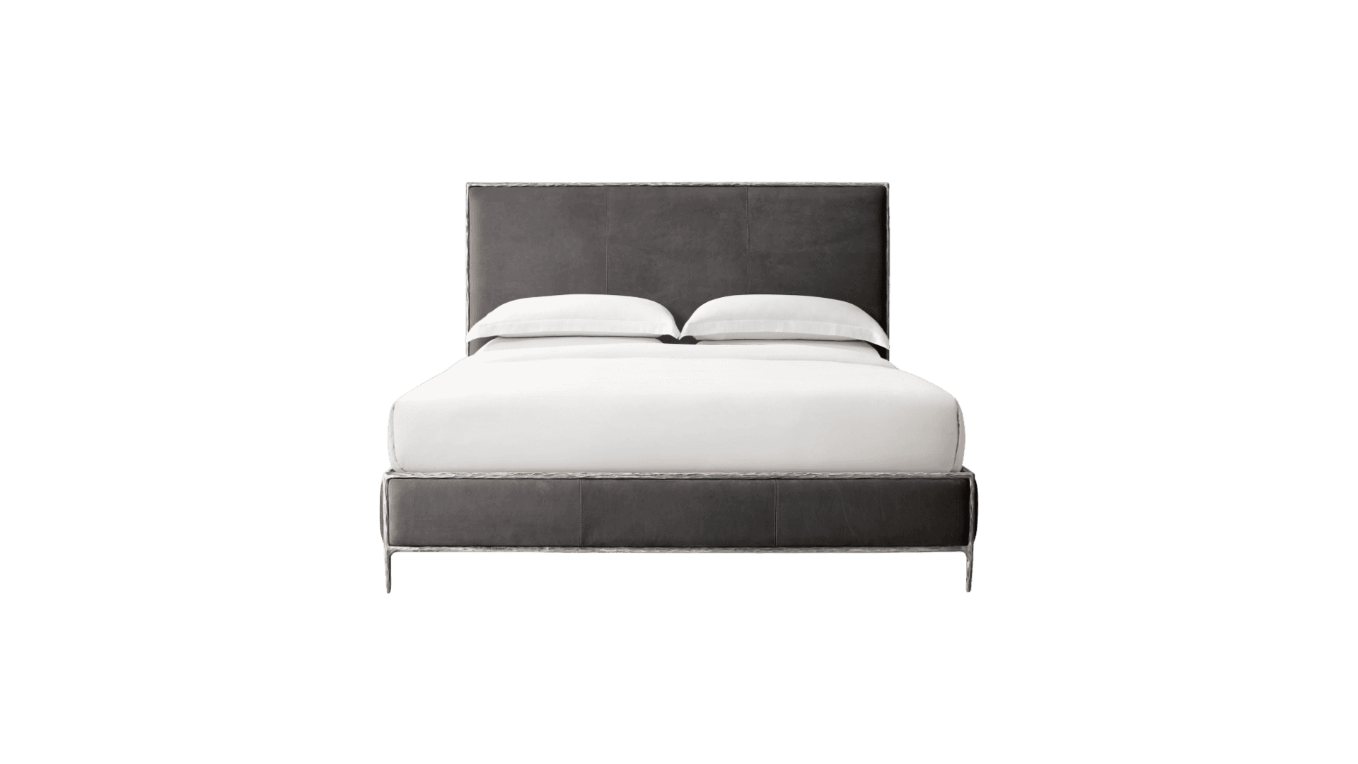 A modern upholstered bed frame with a headboard and footboard, featuring a dark gray material and a metallic trim along the edges. The bed is made up with white bedding and two pillows. — 3D model