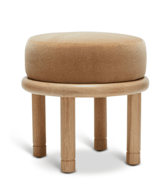 A round stool with a cushioned top and a wooden base. The base consists of four cylindrical legs connected by a circular wooden frame. The legs have visible wood grain and are angled slightly outward from the center. — 3D model