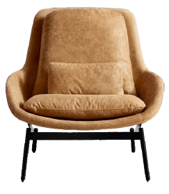 A contemporary armchair with a high back and deeply upholstered seat and backrest. It features a prominent lumbar pillow for added comfort and support. The chair has a sleek, modern design with thin, dark metal legs. — 3D model