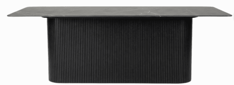 A modern counter-style table with a rectangular, dark gray top featuring a subtle veined pattern, possibly marble or a similar stone composite. The base is a substantial, rounded rectangular structure finished in matte black with vertical fluting or ribbing. — 3D model