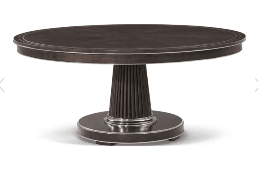 A round pedestal table with a dark wood finish and decorative silver trim. The tabletop has a subtle tiered edge, and the pedestal base is fluted, also accented with silver bands at the top and bottom. The base rests on a flat, circular foot with similar silver trim. — 3D model