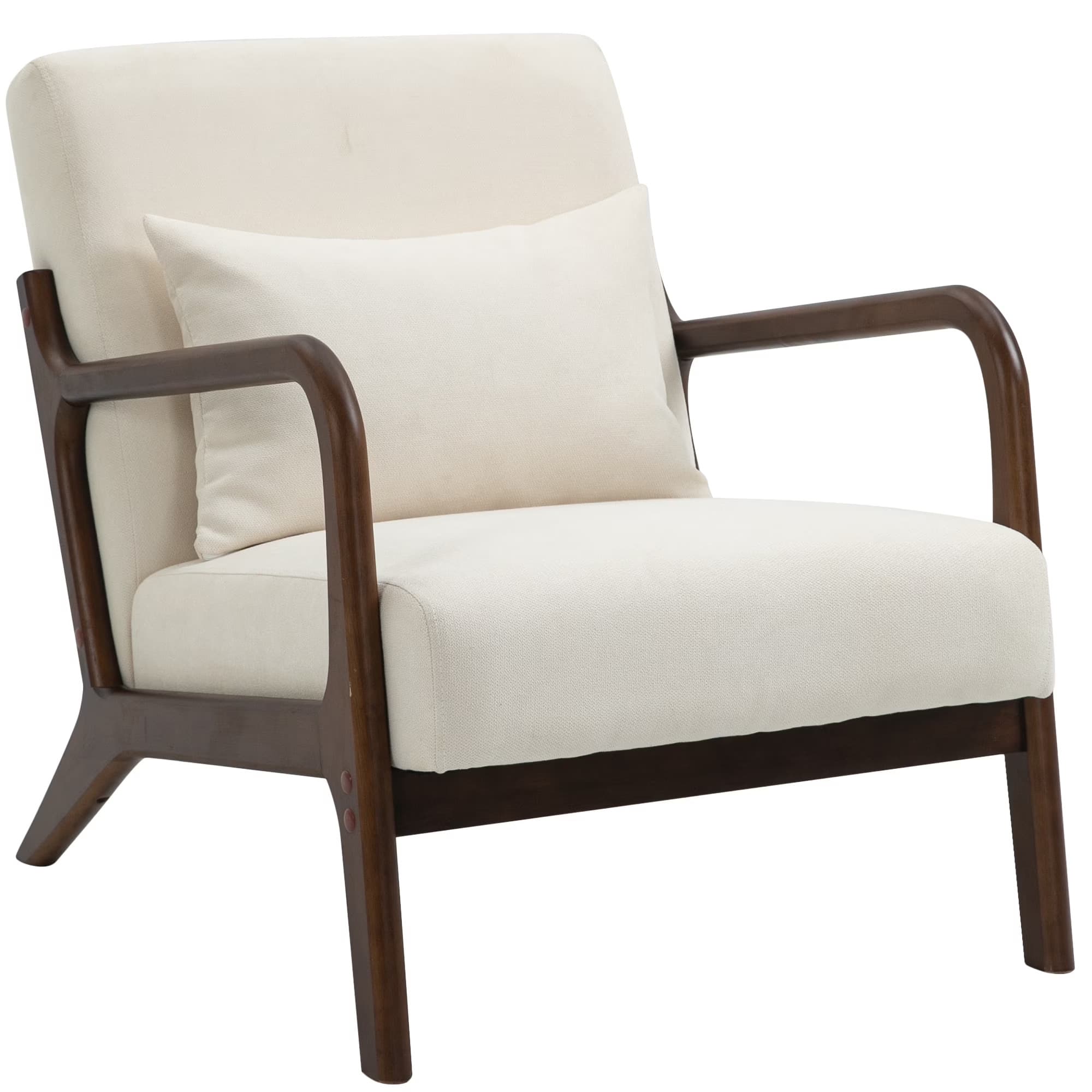 An upholstered lounge chair featuring a visible dark wood frame and light-colored fabric. The chair includes a seat cushion, back cushion, and an additional lumbar pillow, all covered in a neutral-toned woven textile. The wooden frame provides armrests and tapers down to the legs, showcasing clean, contemporary lines. — 3D model