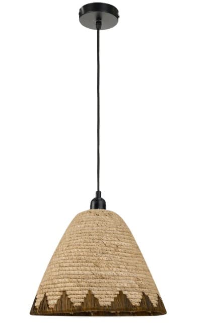A conical pendant light featuring a shade crafted from light-colored woven natural fibers. The shade tapers from a wider base to a narrower top, where it connects to a black electrical cord and ceiling canopy. A distinctive zigzag pattern in a darker shade of the woven material adorns the lower edge of the shade, providing visual contrast. — 3D model
