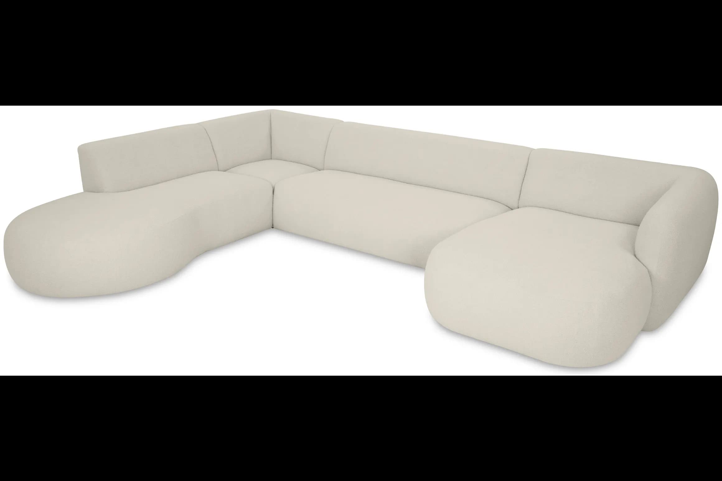 A large, sectional sofa with a modular design, featuring rounded edges and a low profile. The sofa is upholstered in a light-colored fabric and is configured in a U-shape with extended chaise lounge sections on both ends. — 3D model