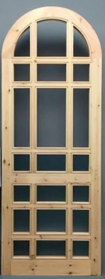 A wooden door with an arched top, featuring multiple glass panes arranged in a grid pattern. The door is constructed from light-colored wood, likely pine, with visible wood grain. The glass panes are rectangular and square, separated by wooden mullions. The arch at the top is divided into three panes. — 3D model