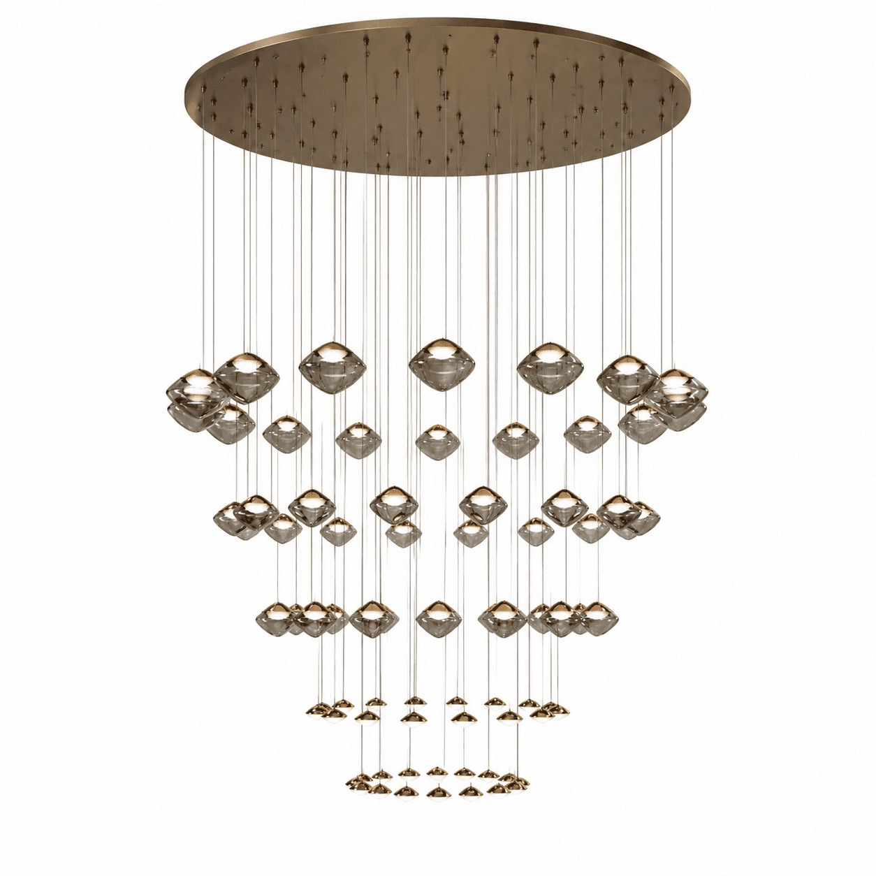 A sophisticated multi-tier chandelier featuring numerous individual light pendants suspended from a large, circular metal canopy. The pendants are arranged in a cascading formation, varying in length to create a tiered effect. The primary light elements consist of faceted, diamond-shaped glass shades, while smaller, simpler dome-shaped lights are positioned at the lowest tiers. All light sources are integrated within the glass elements, emitting a warm glow. — 3D model