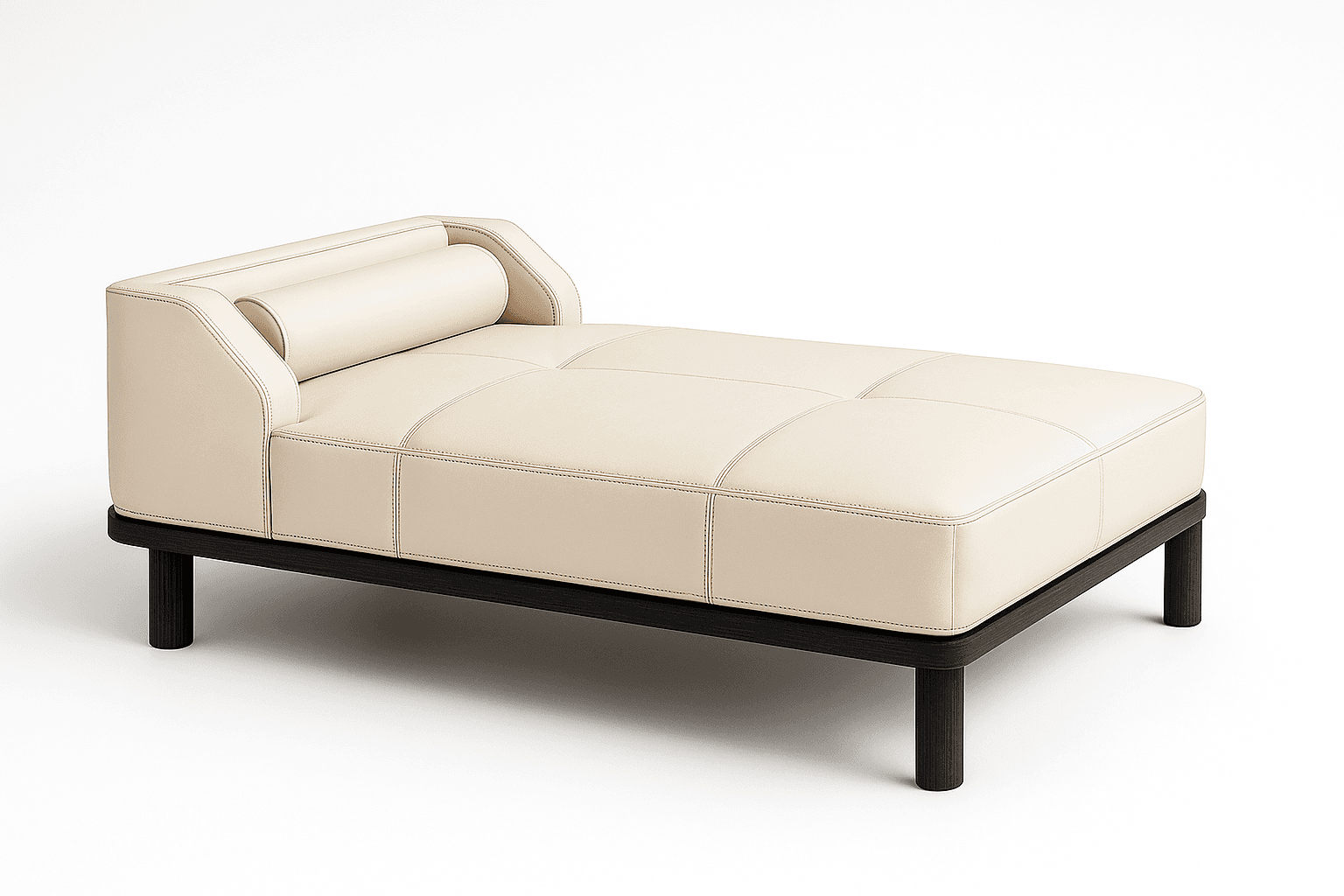 A modern chaise lounge with a low profile. It features a cream-colored upholstered body with a tufted surface divided into rectangular sections by stitching. A single cylindrical bolster pillow is positioned at the head of the lounge, attached to a slightly raised headrest. The frame and four slender legs are finished in a dark, matte color, likely black or dark brown. — 3D model