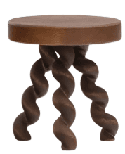 A small, round-top stool featuring three highly distinctive, spiral-twisted legs, crafted from dark-stained wood. The design emphasizes sculptural form and organic lines. — 3D model