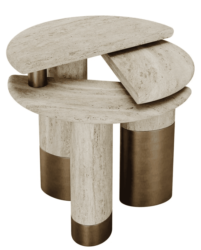 A sculptural coffee table featuring multiple layers of organically shaped travertine surfaces supported by cylindrical travertine and bronze legs. The design incorporates an interplay of stacked and angled elements, showcasing natural stone textures and metallic finishes. — 3D model