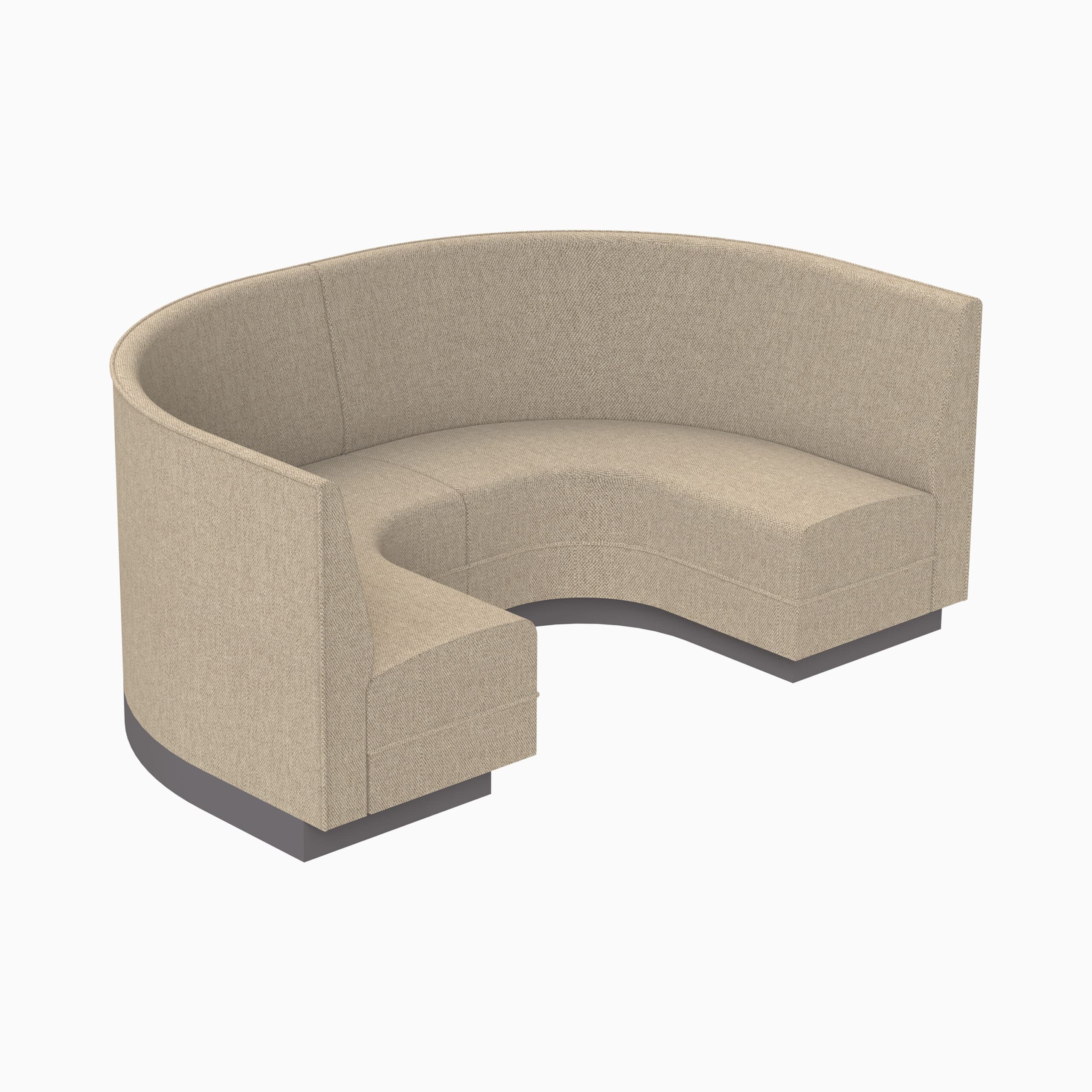 A modular, curved sofa with a U-shaped configuration, upholstered in a textured, light beige fabric. The sofa features a solid base with a distinct kick pleat or slight recess at the bottom, finished in a dark grey or black color. The internal structure of the sofa is visible with stitching details on the upholstery. — 3D model