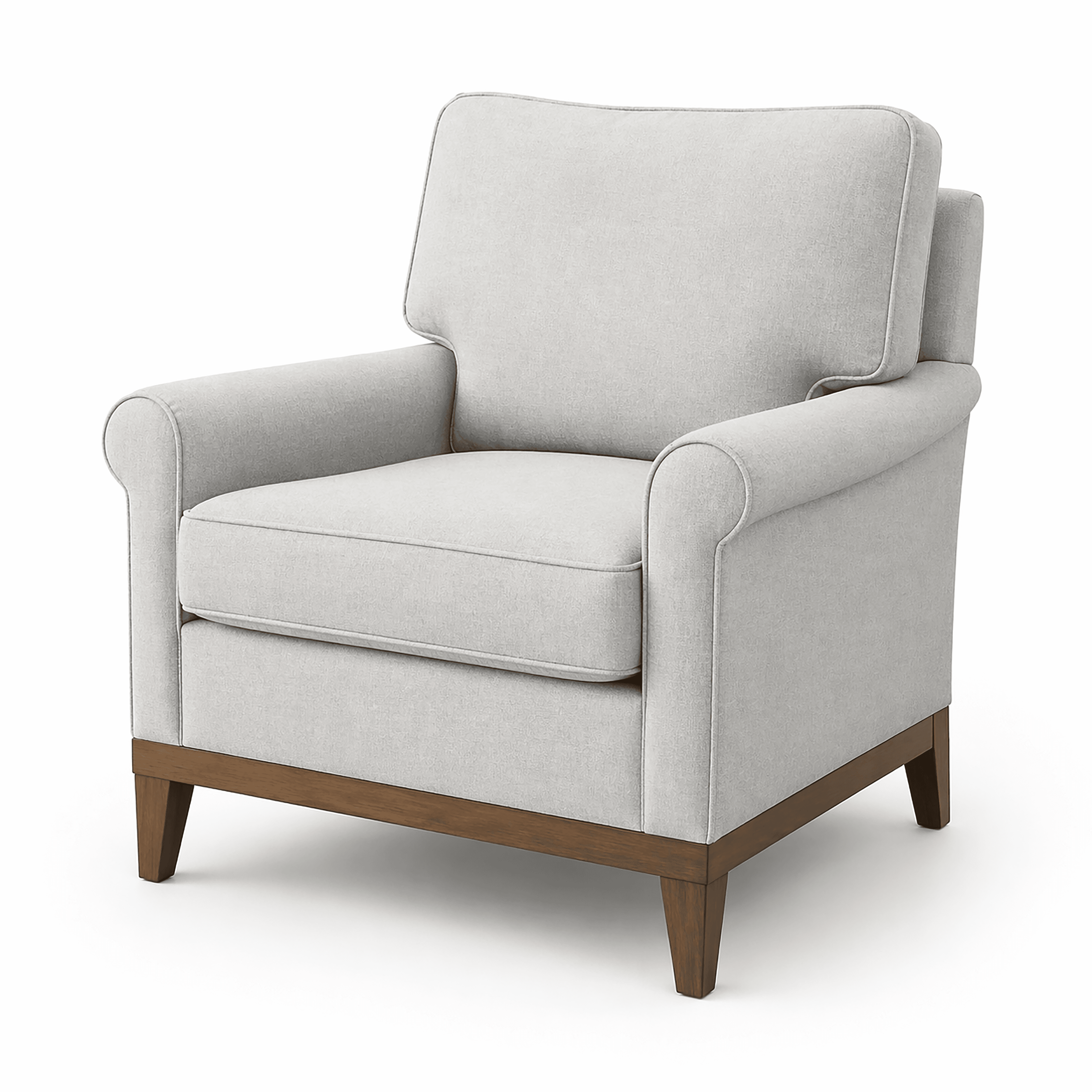 A light-colored armchair with upholstered cushions and a visible wooden base and legs. — 3D model