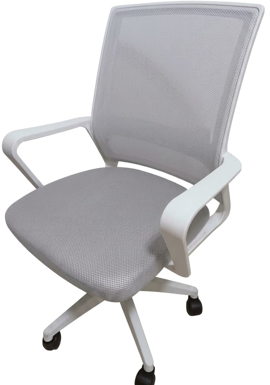 A modern office chair featuring a light gray mesh backrest and seat, supported by a white plastic or metal frame and a five-star base with casters. The chair has fixed armrests that are integrated into the frame. The overall aesthetic is minimalist and functional. — 3D model
