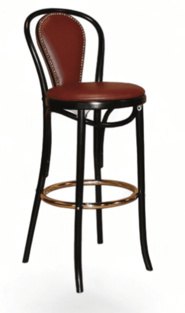 A dark-colored bar stool with a curved backrest and a round seat. The seat and backrest are upholstered in a reddish-brown material, possibly leather or vinyl, with visible stitching details around the edges of the backrest. The frame and legs are slender and appear to be made of wood or metal, finished in black. A circular, brass-colored footrest is integrated between the legs. — 3D model