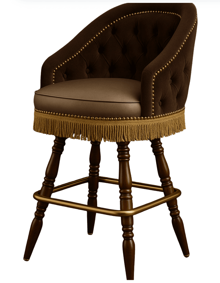 A tufted upholstered bar stool with a round seat and back, featuring a brown fabric upholstery on the backrest and a lighter brown leather-like upholstery on the seat. The stool has a decorative fringe with metallic bead trim around the base of the seat. The base consists of four turned wooden legs in a dark brown finish, connected by a brass footrest ring. The stool appears to be a swivel stool. — 3D model