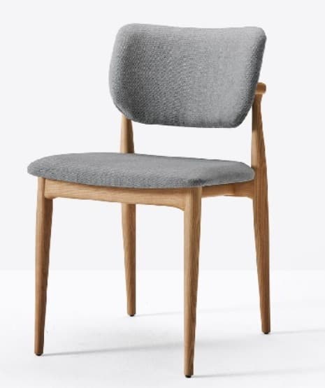 A modern dining chair with a light wooden frame and upholstered seat and back in grey fabric, featuring minimalist armrests. — 3D model