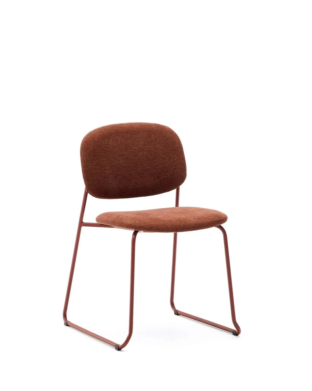A modern upholstered side chair featuring a padded seat and backrest covered in a textured reddish-brown fabric. The chair stands on a continuous sled base frame made of thin, reddish-brown metal tubing, providing a minimalist and stable design. — 3D model