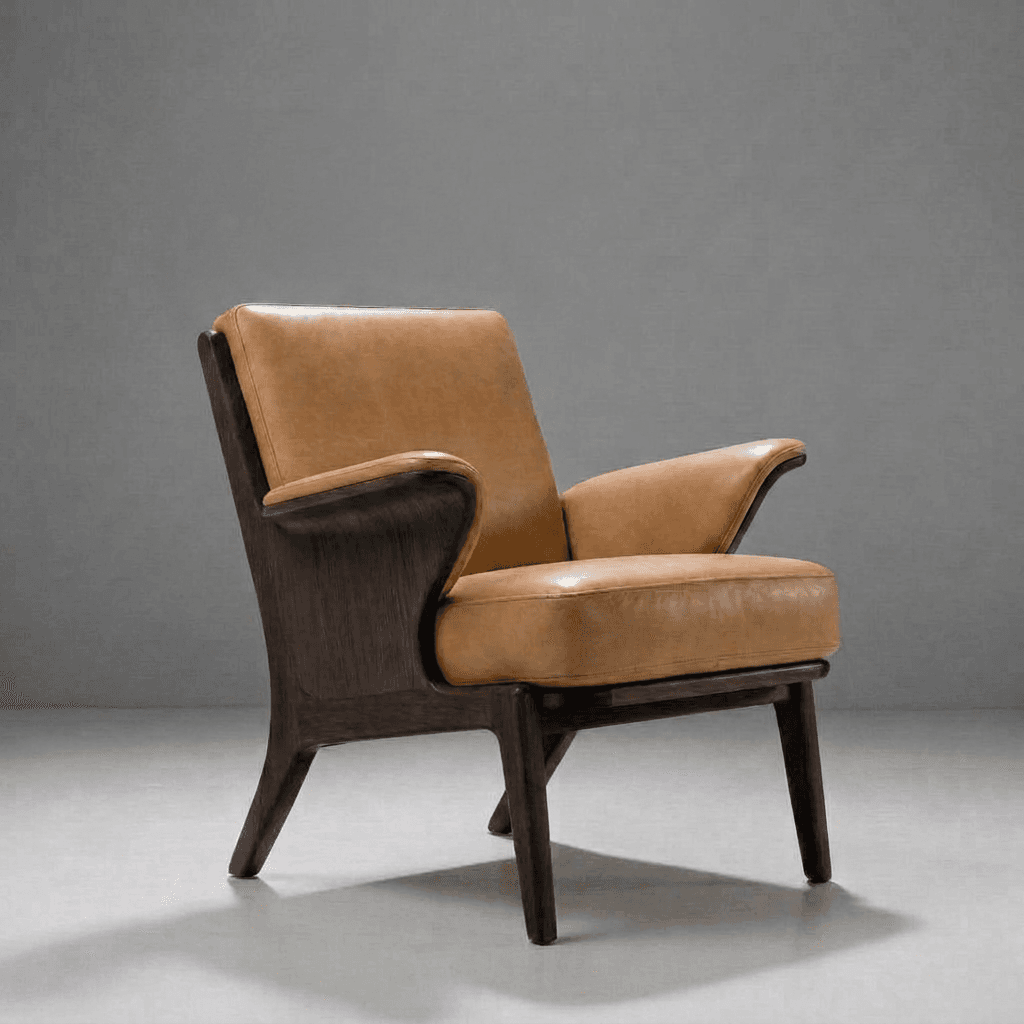A sophisticated lounge chair featuring a dark-stained bent plywood frame and rich tan leather upholstery. The chair has a slightly reclined back and elegantly curved armrests, embodying a distinct Mid-Century Modern aesthetic. — 3D model