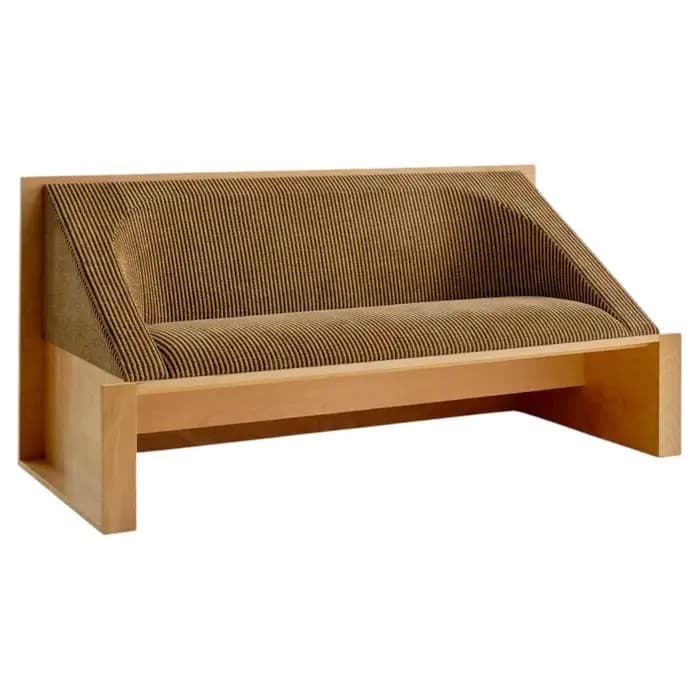 A minimalist two-seater sofa featuring a robust, light-toned wooden frame that encapsulates the upholstered seating. The frame forms the base, back support, and armrests with clean, straight lines. The upholstery is a textured fabric with fine vertical stripes in brown and a darker contrasting color, providing a subtle pattern. The backrest is angled inwards for ergonomic support, and the overall design emphasizes simplicity and contemporary aesthetics. — 3D model