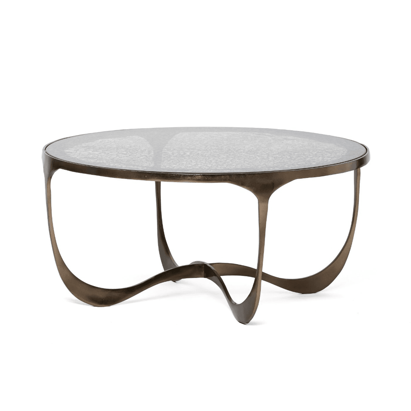 A round coffee table with a metallic base and a textured glass top. The base features an abstract, sculptural design with flowing, interconnected curved legs that create an open, airy structure. The tabletop is circular and appears to be made of glass with a decorative, possibly etched or patterned surface, set within a thin metallic rim that matches the base. — 3D model