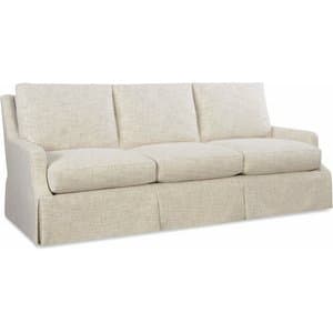 A traditional-style three-seat sofa upholstered in a light-colored, textured fabric. It features a full skirted base, three separate seat cushions, and three separate back cushions. The arms are low-profile with a gentle slope. — 3D model