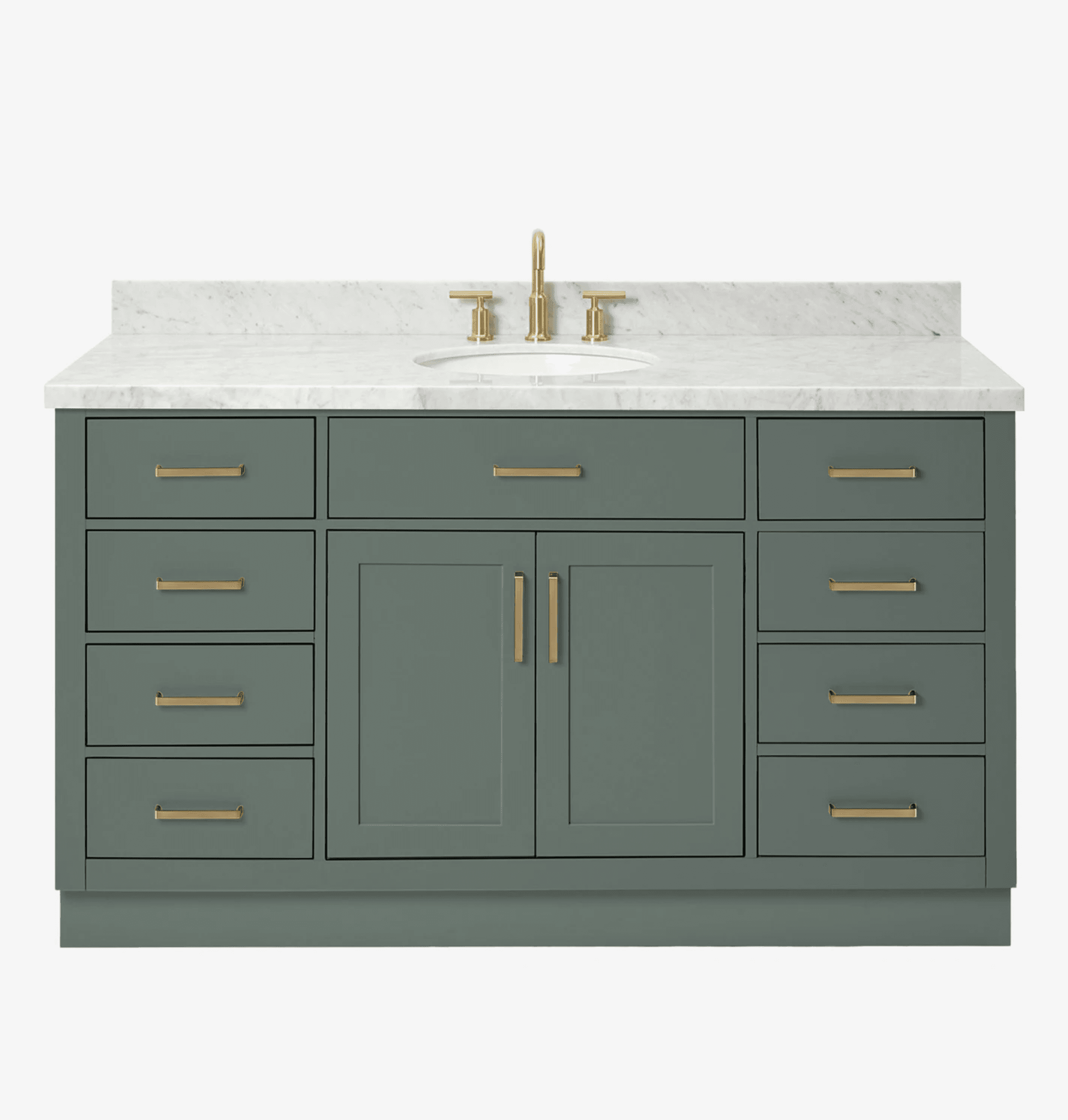 A freestanding bathroom vanity featuring a white marble countertop with an integrated sink and a gold-toned faucet. The base cabinet is painted a dark green color and has a shaker-style design. It is equipped with two cabinet doors in the center and a total of eight drawers arranged symmetrically on either side of the doors. The hardware, including drawer pulls and door handles, is gold-toned. — 3D model