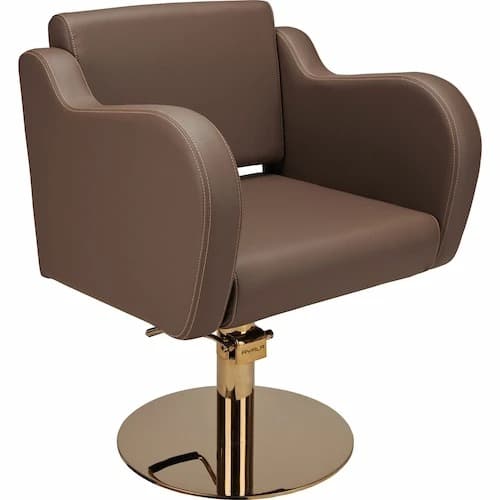 A modern salon chair featuring brown upholstered seat, backrest, and integrated armrests with light contrast stitching, mounted on a polished gold-toned hydraulic base with a circular footrest. — 3D model