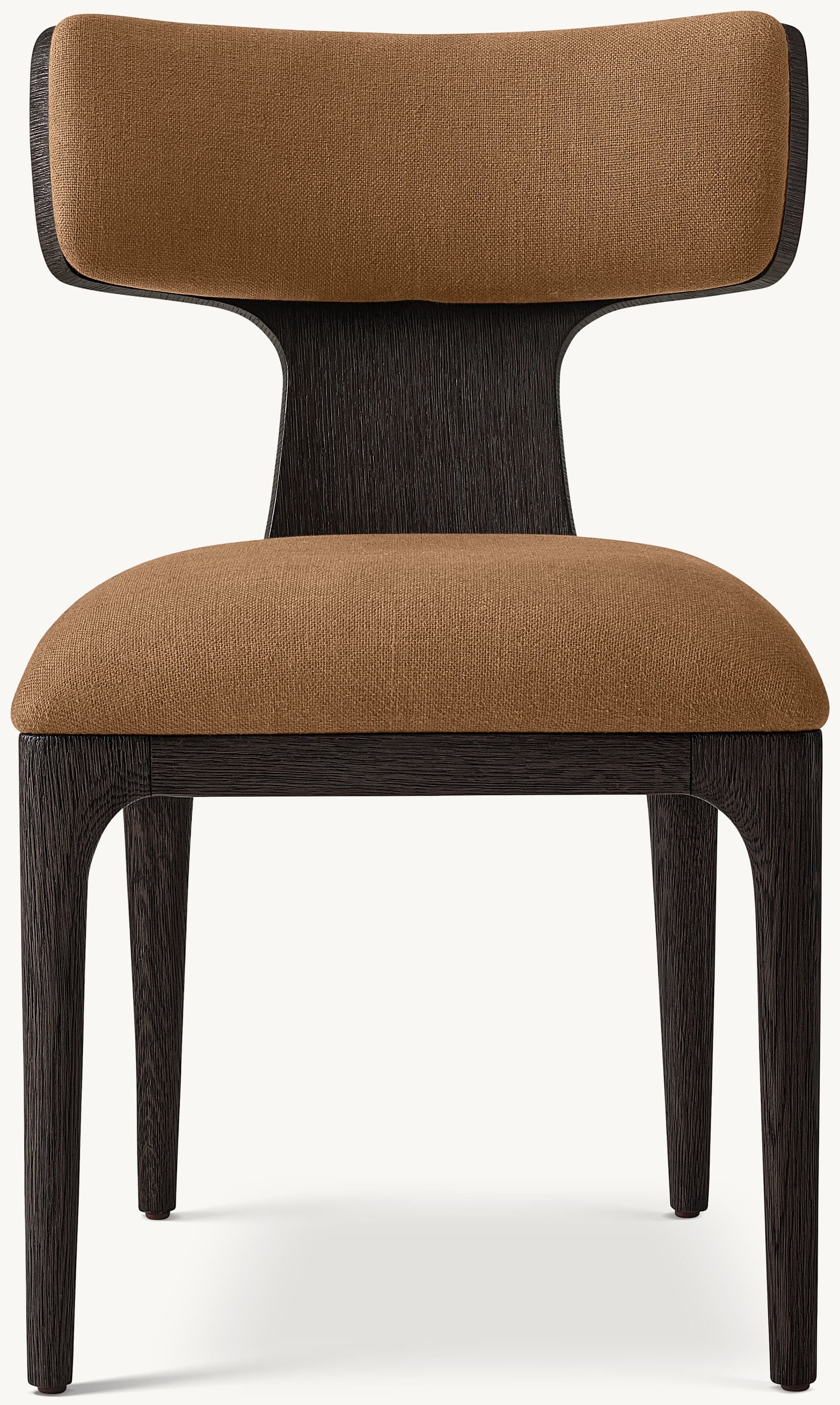 A modern dining chair with a dark wood frame and a fabric upholstered seat and backrest. The chair features a curved, gently sloped backrest and a slightly padded seat. The frame has clean lines with tapered legs and a sculpted connection between the seat and backrest. — 3D model