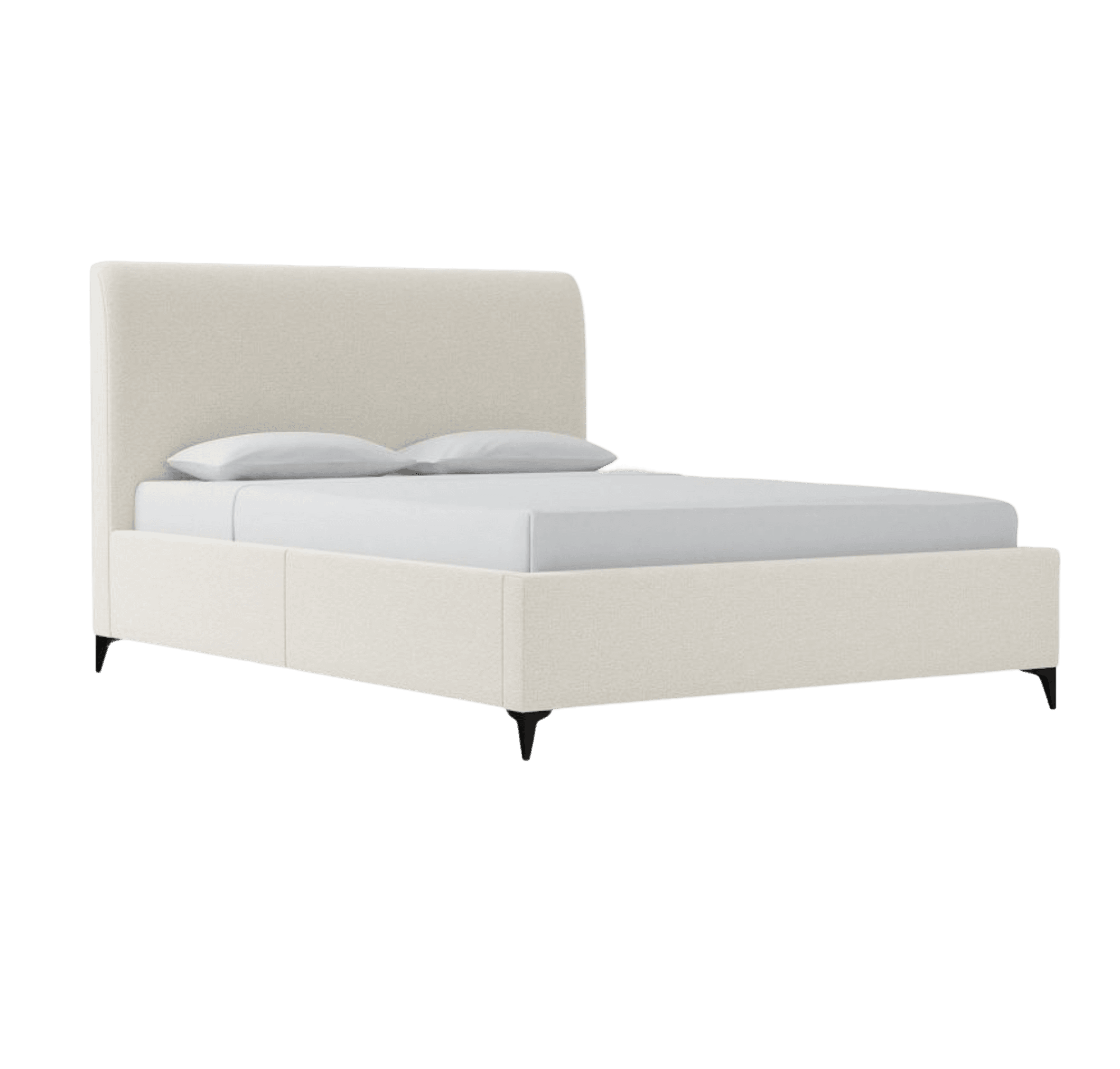 A modern upholstered platform bed featuring a light cream, textured fabric on both the headboard and the frame. The headboard has gently rounded top corners, and the bed stands on short, tapered dark metal legs. A white mattress and pillows are visible on the bed. — 3D model