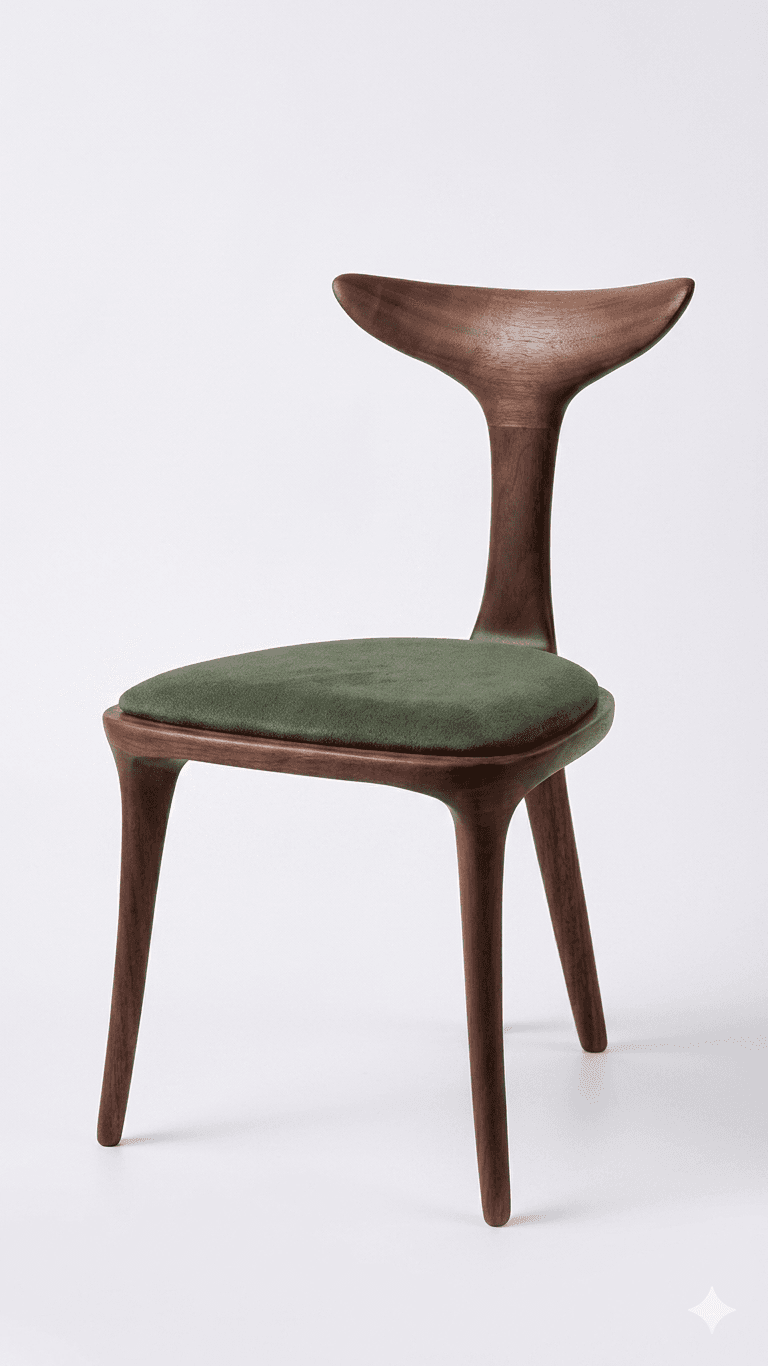 A wooden dining chair with a sculptural backrest and a green upholstered seat. The chair features four tapered legs and a curved seat frame, all made of dark wood. The backrest is characterized by its unique, wing-like shape, crafted from a single piece of molded wood. — 3D model
